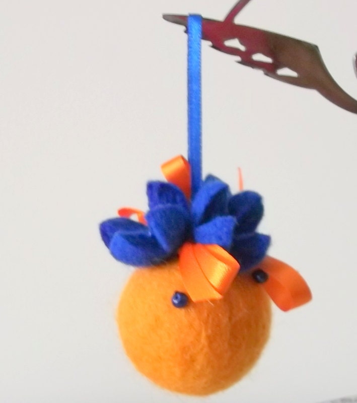 Christmas Ornament, Ball, Bubble, Orange and Blue Wool Felt, Gift, Flower, ECO friendly, Home decor