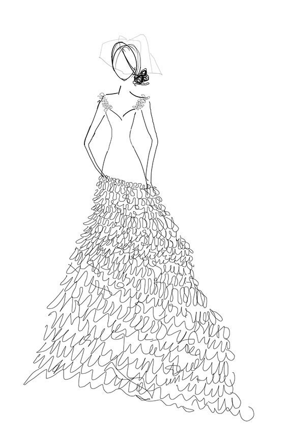 Fluffy Bridal Gown with Short Veil 11 x 17 Wedding Illustration