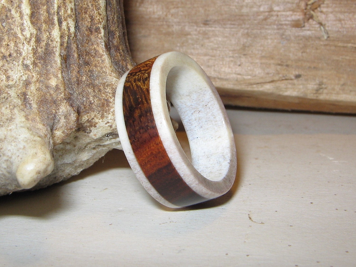 Antler Ring with Arizona Desert Ironwood Inlay, Custom Wood and Antler Ring