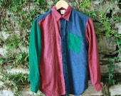 90s Color Block Silk Shirt Blue Green Maroon Womens XS - S