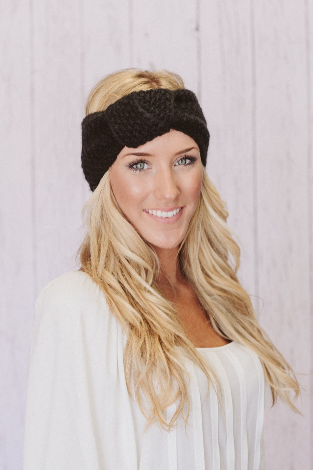 Black Knitted Knotted Mohair Ear Warmer Headband - Knot Just Any Ear Warmer in Black