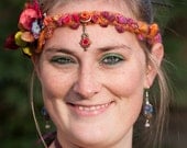 Woodland Fairy Tribal Fusion Crochet Headband Bridal Floral Crown - Polymer Clay Flowers - Hippie Boho Belly Dance Festival Gypsy Headdress