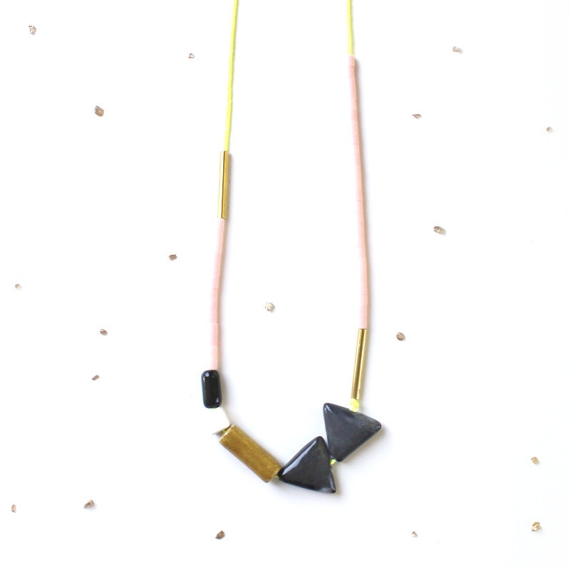 Geometric Colorblock Triangle Statement Necklace / long, chunky mixed-media beads / neon yellow, grey, saffron, pastel pink & gold