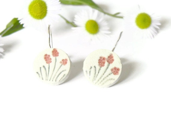 Ceramic Flower  Earrings Round Pottery  Romantic Jewelry Eco Friendly