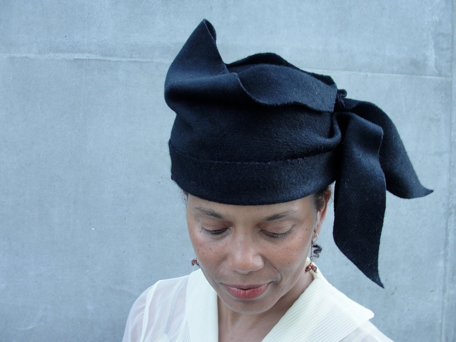Black Wool Felt Hat - Women's New Draped Hat-  Ladies Cloche-1910s-1920s-Flapper-Turn of the Century- Asymmetrical Sculpted/Draped,OOAK