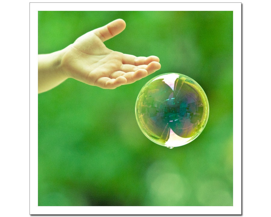 Fine Art Photography, Dreamy Soap Bubble and Kids Hand, Square 5x5, grass green tender shoots