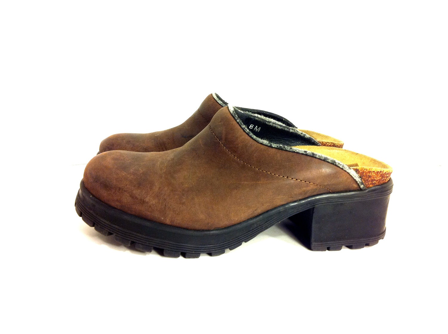 Vintage Leather Chunk Heel Clogs 7.5 - Brown Spanish Leather Clogs 7.5 - Platform Clogs