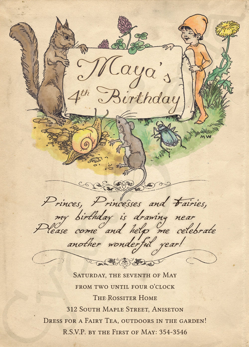 Printable Birthday Invitation - 5 x 7 - Woodland Fairy Tale Animals - Storybook, Vintage, Book, Forest, Mouse, Squirrel