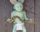 Goblin wih pet snake- 16th century inspired mythological blue white glazed figure.