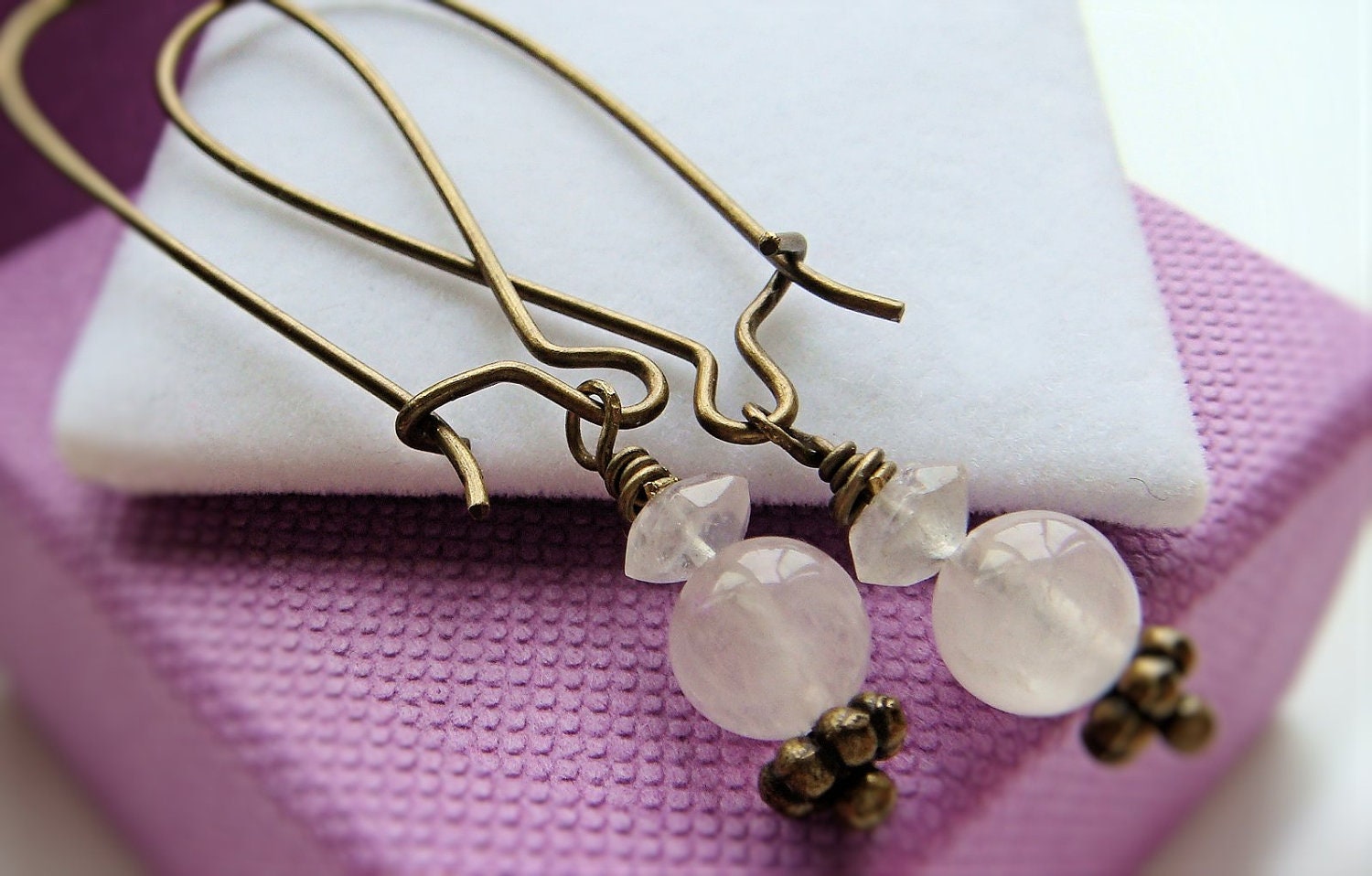 Romantic Rose Quartz Long Earrings, Antique Bronze & Semi Precious Faceted, Smooth Gemstones, Vintage Pink, Free UK Delivery