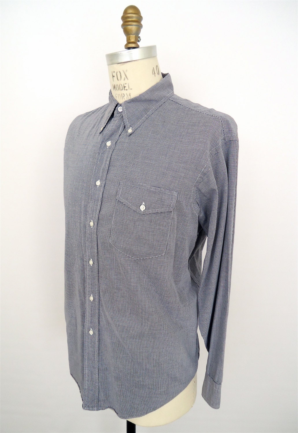 Blue Gingham Shirt / navy blue & white check button-down / men's vintage long sleeve