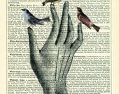 Dictionary Art Print Vintage Upcycled Book Page Art Poster Glove Hand with Birds