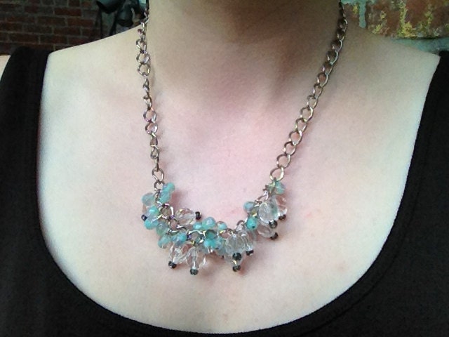 Aqua Sea Opal Glass Cluster Bib Necklace