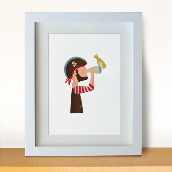 Print. Illustration. Pirate and his bird