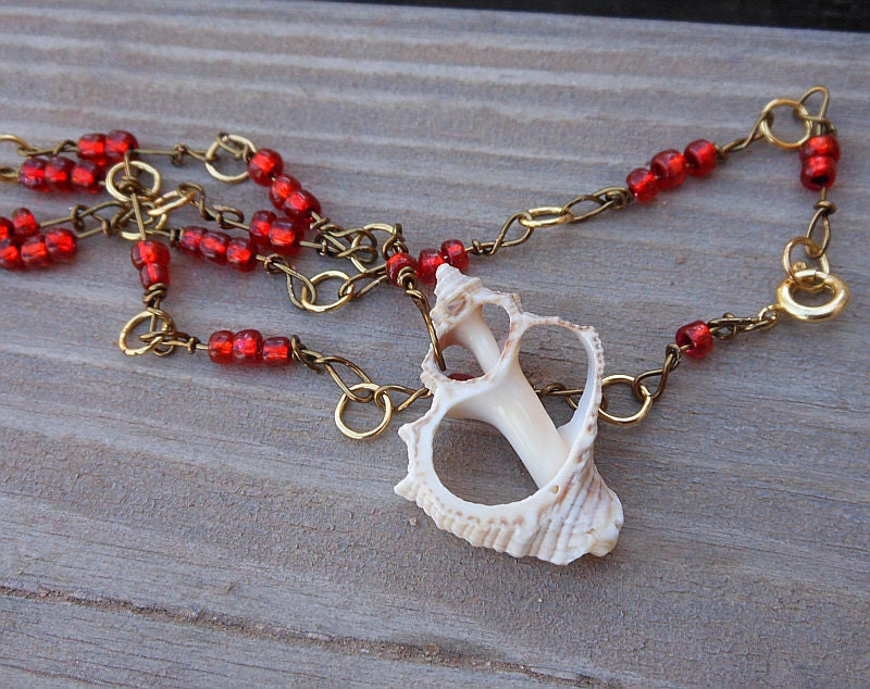 Seashell Necklace Wire Wrapped Necklace Handmade Copper Wire Jewelry with Red Beads