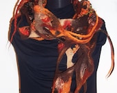 Autumn nuno felted scarf with lace,hand crafted, brown, orange