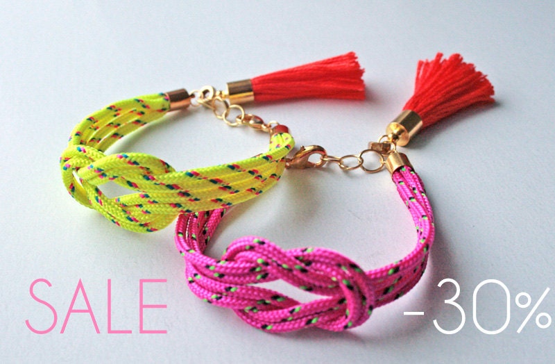 SALE Neon pink knot rope bracelet with tassel charm