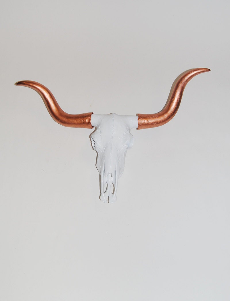 Resin Animal Skull - The Bellevue - Large White w/Copper Horns Resin Cow Skull Head- White Faux Taxidermy- Chic & Trendy