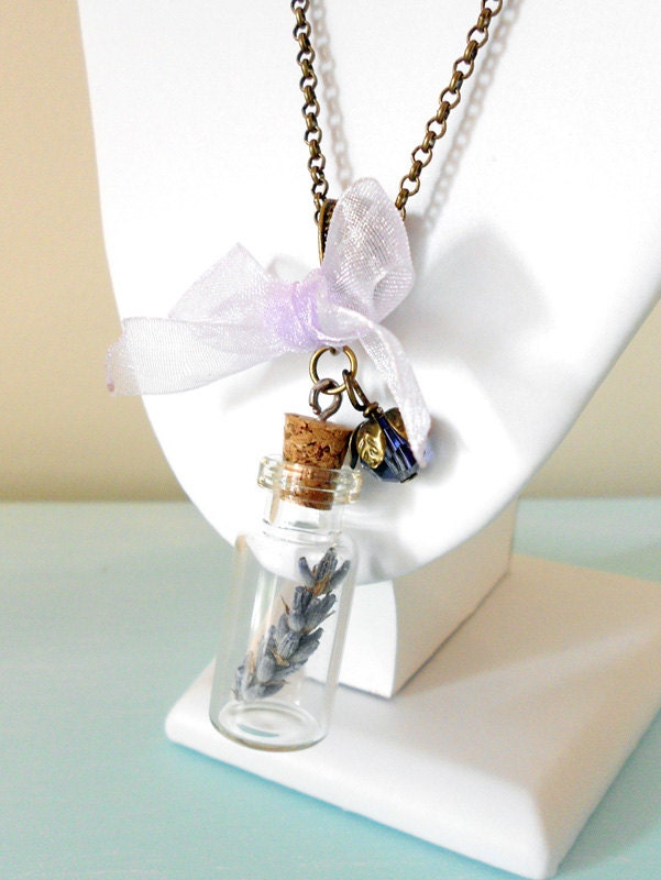 CLEARANCE Botanical Lavender Glass Vial Necklace - Rustic Woodland Natural Lavender Dainty Apothecary Necklace - Swarovski, Organza & Brass