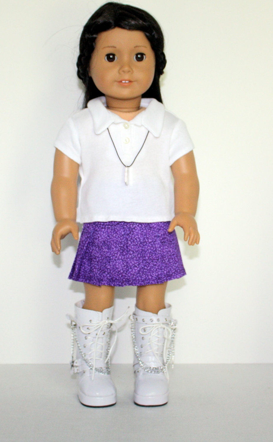 American Girl Doll White Knit Polo Shirt Purple Print Pleated Skirt Tall White Boots Charm Necklace - JessieAmerica