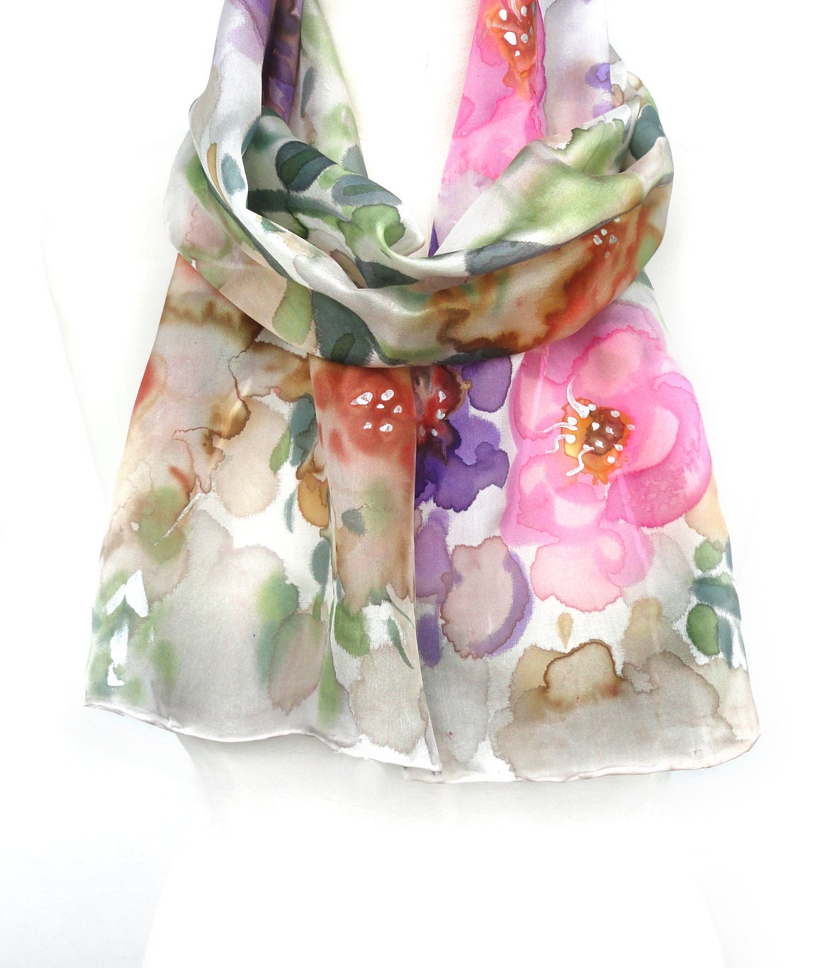 Floral Scarf. Hand Painted Silk Scarf. Pink Green Shawl. Echarpe Foulard Soie. Gift for Her.10x60 in. (25x150 cm). Ready to Ship.