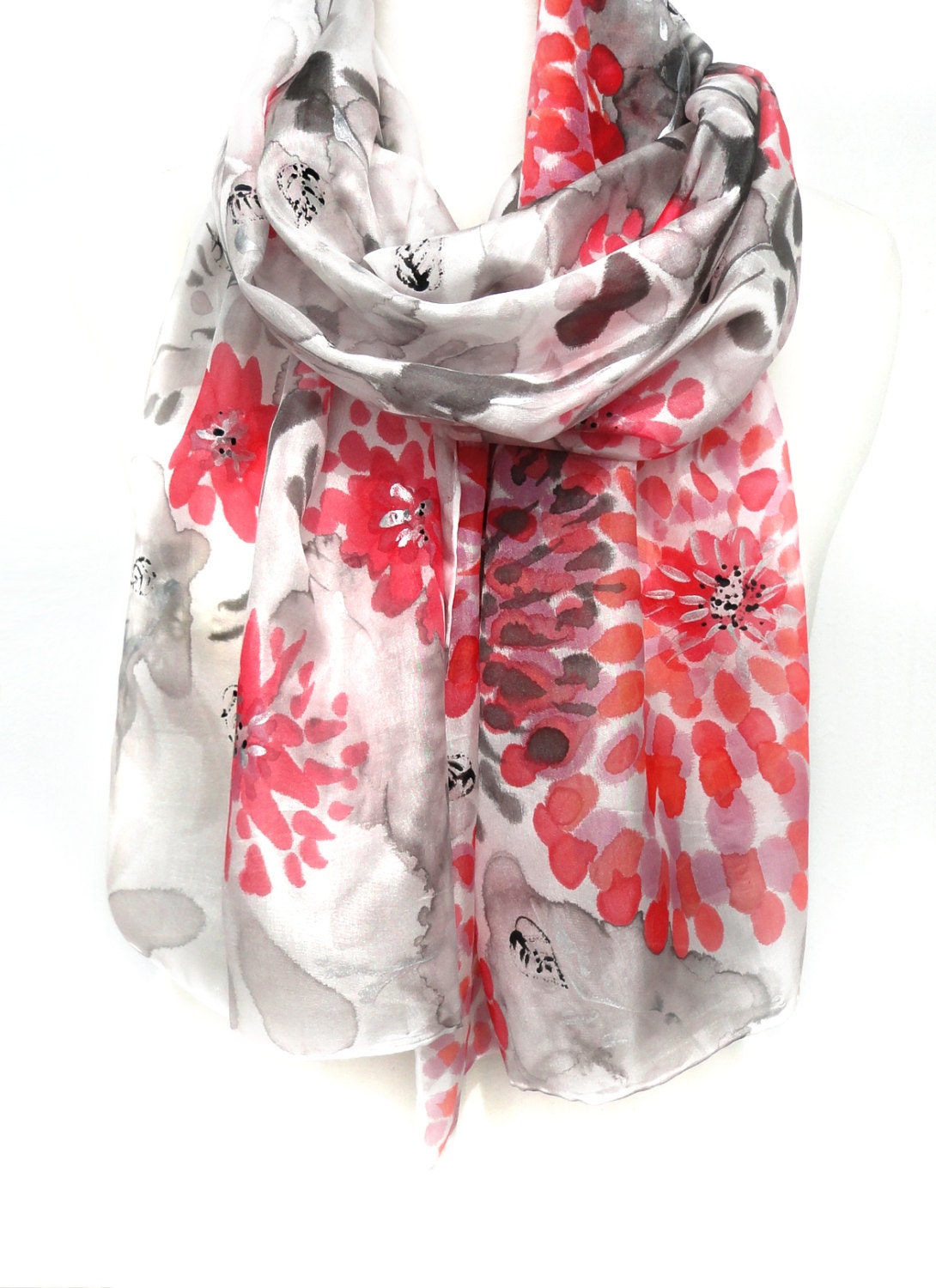 Hand Painted Silk Shawl. Red silk Scarf. Echarpe Foulard. Black Red Shawl. Floral Gift for Her. 18x71 in. (45x180 cm). Ready2Ship.