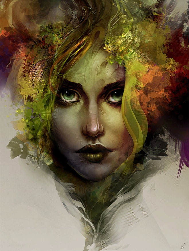 Fine Art Print - Digital Painting -  Forest, Nature, Woman's Face, Abstract, Foliage, Leaves, 18 x 24 Unique Gift