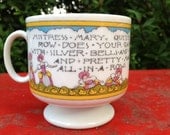 Unique "Mistress Mary" footed teacup, footed mug with Secret Garden nursery rhyme, made in Japan, pretty and colorful vintage teacup