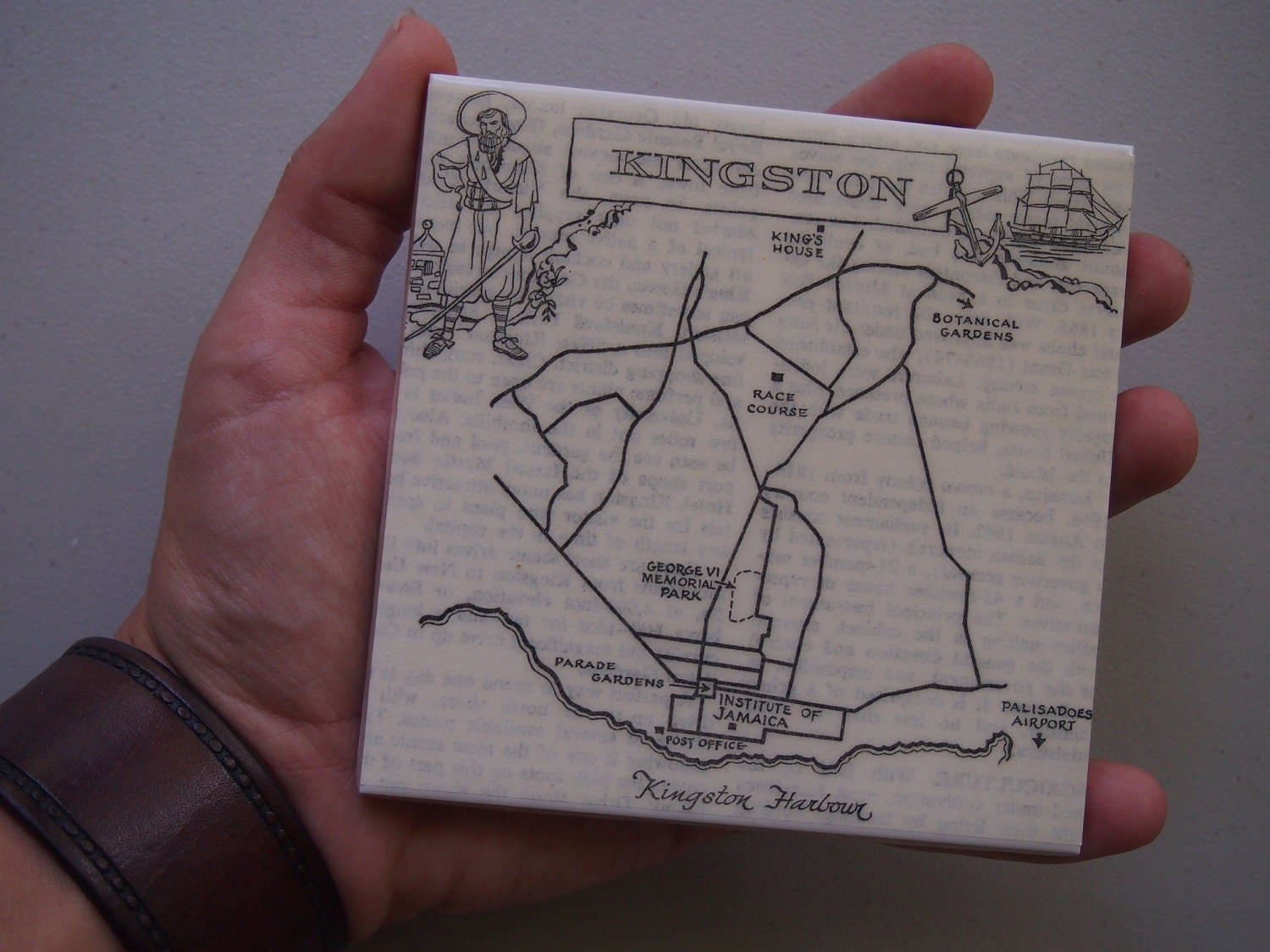 1967 Kingston Jamaica Map Coaster - Ceramic - Repurposed 1967 Encyclopedia of World Travel Page