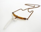 ON SALE White porcelain horn ,brass vintage tube , long boho necklace