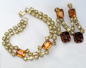 Bracelet Earring Set Yellow Amber Green Rhinestone Jewelry Vintage 1950s Demi Parure