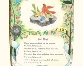 Nursery Decor. Upcycled. Retro. Vintage Nursery Rhymes. Shabby Chic. Birds. Spring. Green. Illustration. Chiildrens Book page.
