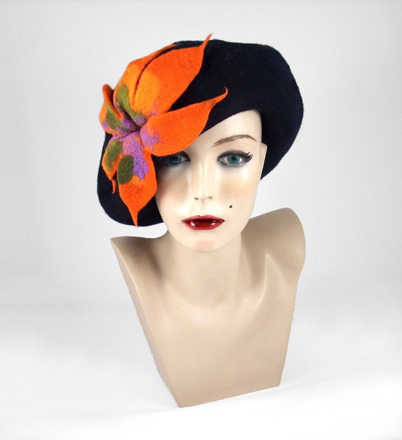 Felted Hat Black Beret Hat with Flower Felt Nunofelt Nuno felt Silk Silkyfelted Eco Fiber Art