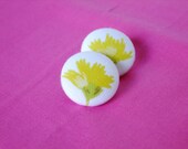 Vintage fabric earrings yellow flower button floral pattern round handmade unique retro post for pierced ears