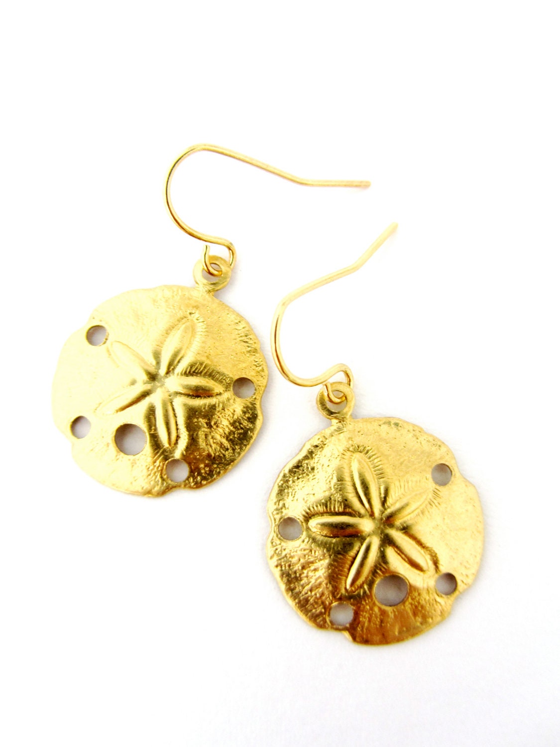 Gold Sand Dollar Dangle Earrings, Dangle Beachy Earrings