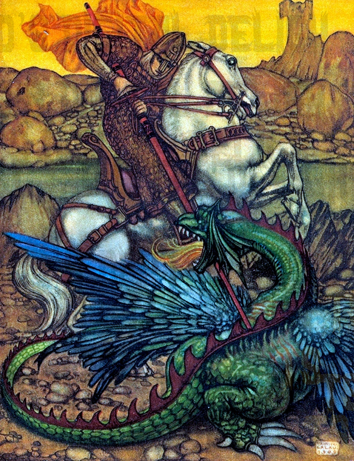 Vivid Medieval DRAGON. VINTAGE Fairy Tale DIGITAL Illustration. Vintage Digital Download.