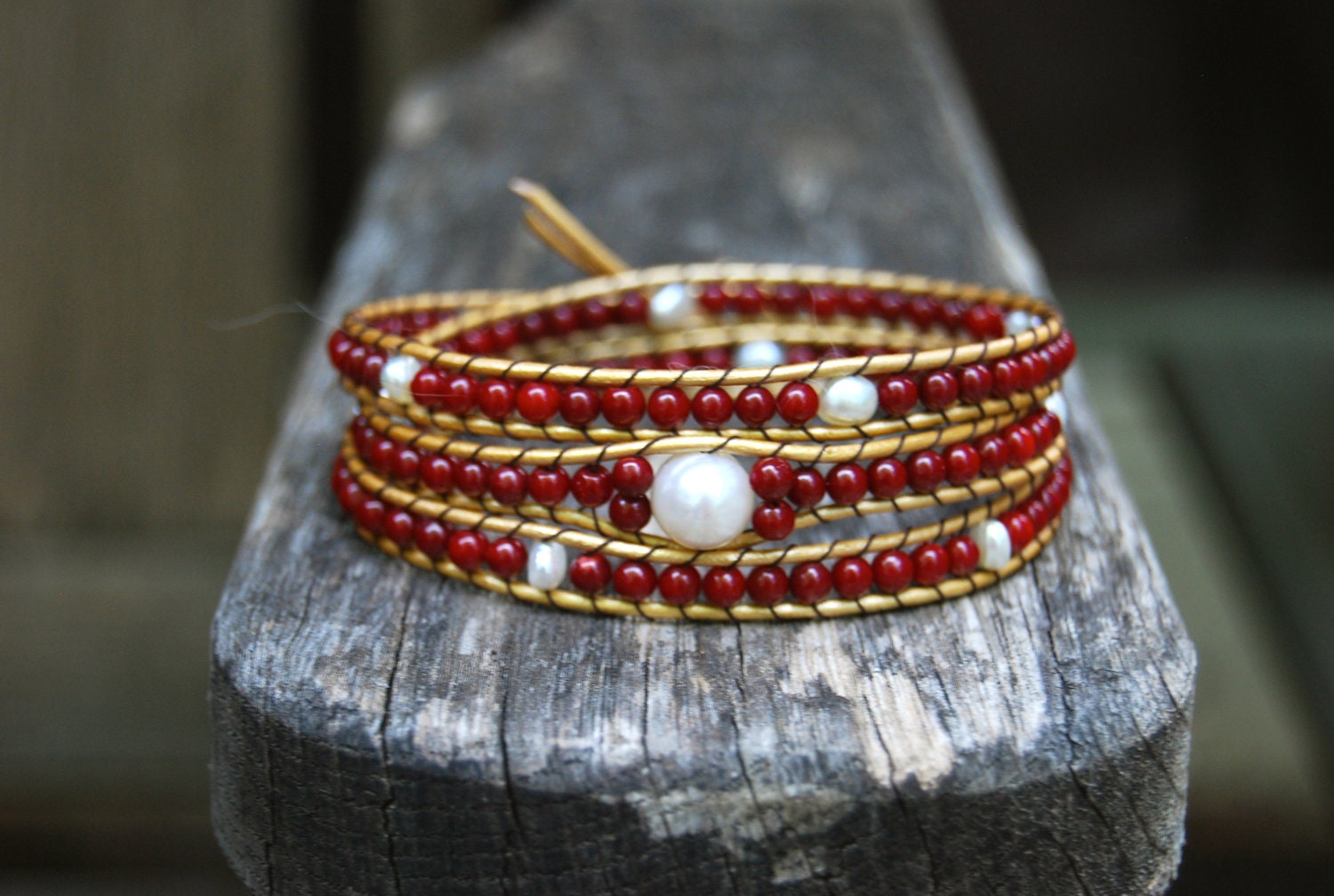 Gold Wrapped Leather Bracelet with Freshwater Pearls, Red Coral & Vintage Button - Boho Stackable Triple Wrap, White Pearl, Crimson Headband - MixNPatch