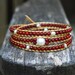 Gold Wrapped Leather Bracelet with Freshwater Pearls, Red Coral & Vintage Button - Boho Stackable Triple Wrap, White Pearl, Crimson Headband