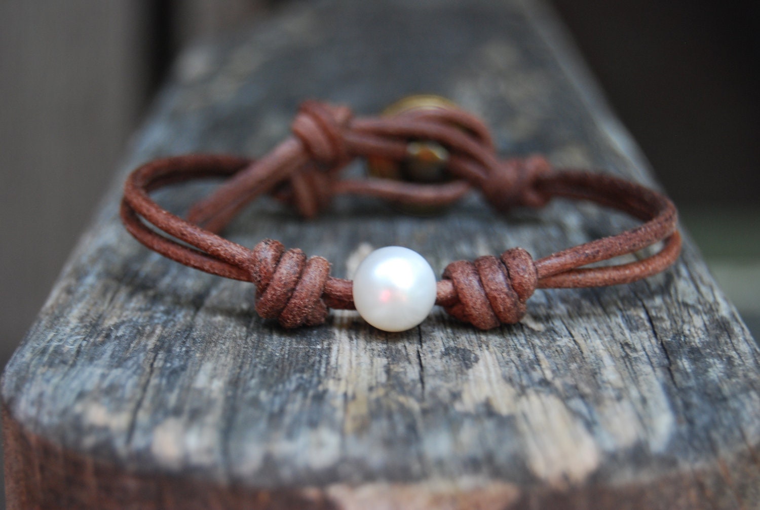 Pearl Bracelet with Wrapped / Knotted Distressed Brown Leather and Vintage Button - White Round Pearl, Minimalist, Stackable, Rustic, Boho