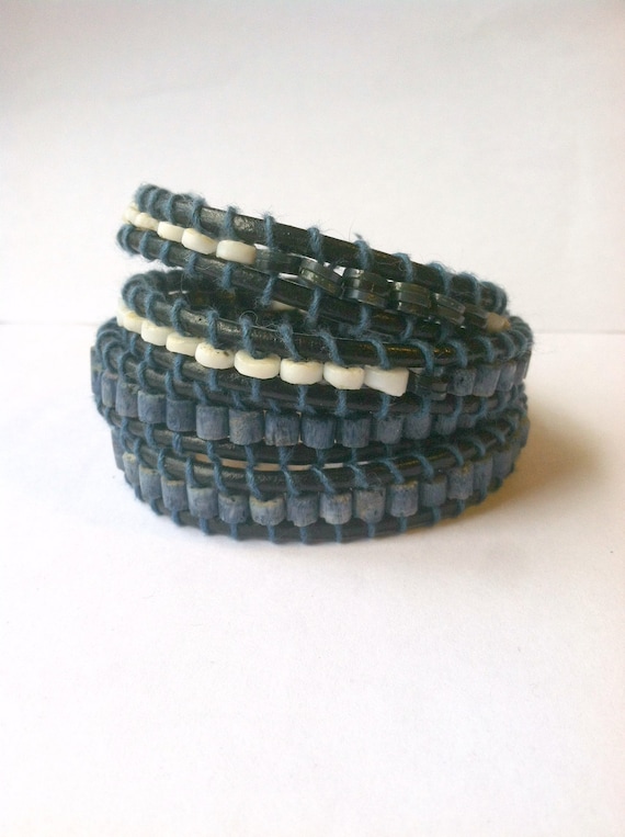4 Wrap Shell Bracelet with Blue and White Shell Beads and Blue Metal Beads, Sailor Button for Attachment, Gift for Surfer, Boho Beachy