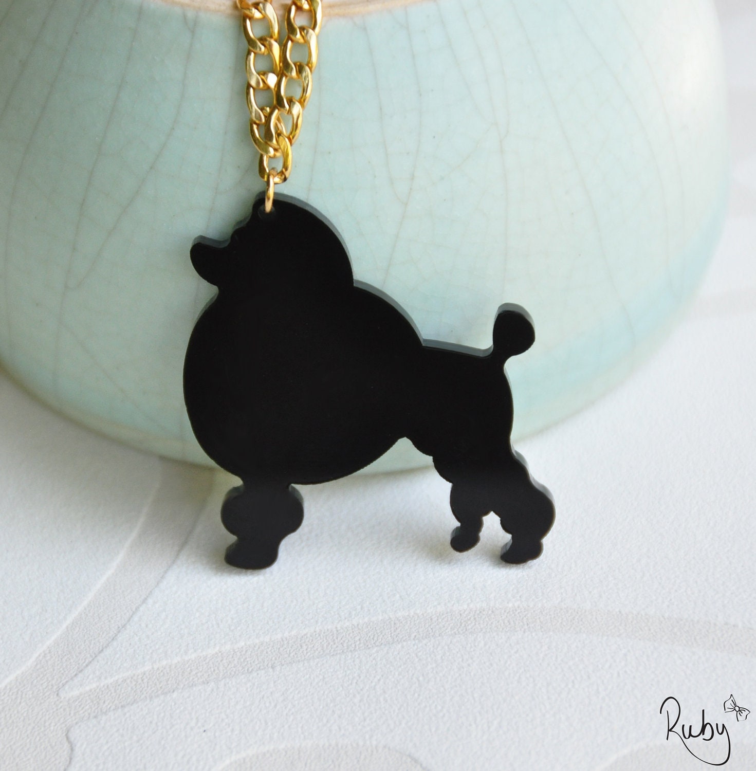 Black poodle laser cut acrylic necklace - 24k gold plated chain