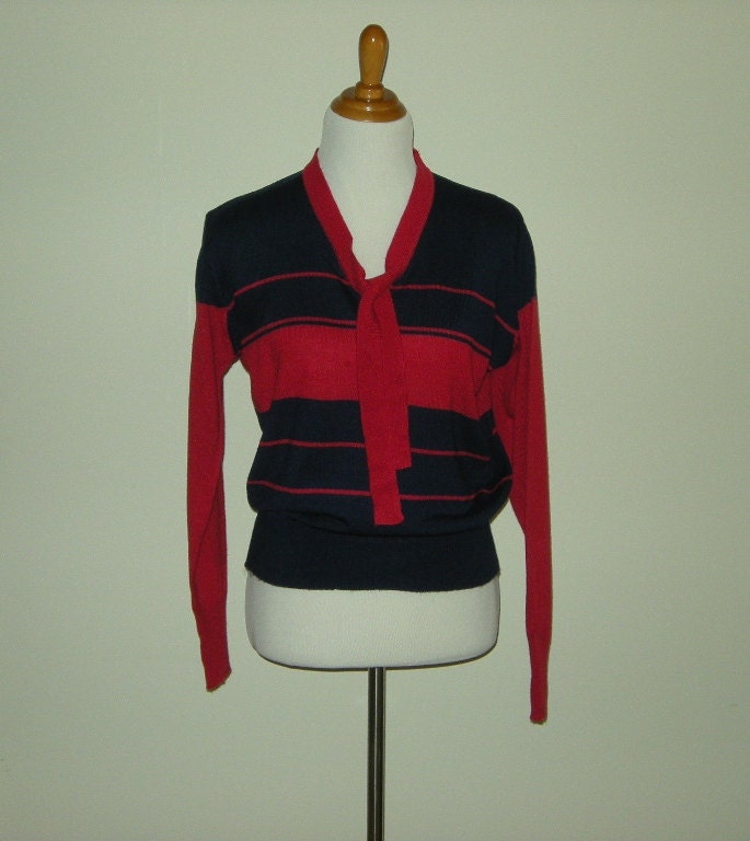 Vintage 1980s Tie Neck Striped Sweater