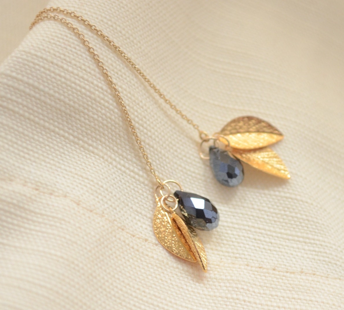 Onyx Crystal Teardrops and Autumn Leaves Threader Earrings