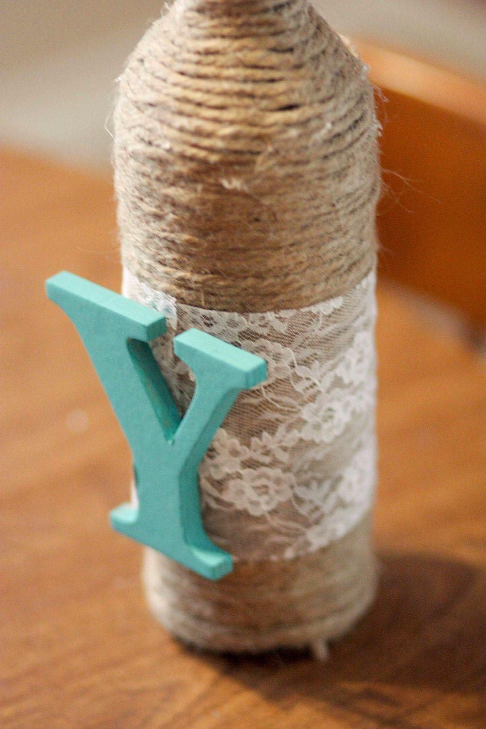Wedding Center Piece with Initial or Table Number-- Rustic, Lace, Wine Bottle Vase, Candle Holder