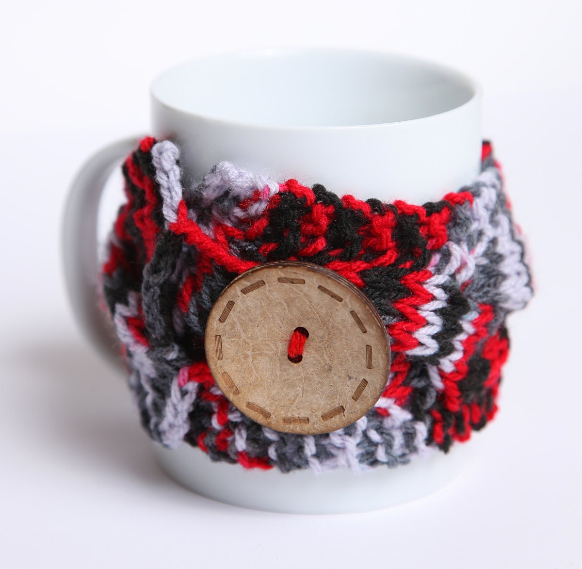 Knitted mug cozy, tea cup cozy,  coffee sleeve, red, gray, white, black, warmer