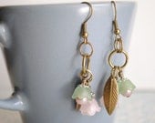 Pink & Green Flower Fall Earring - charms, dangle earring, beads, leaf, bronze, romantic