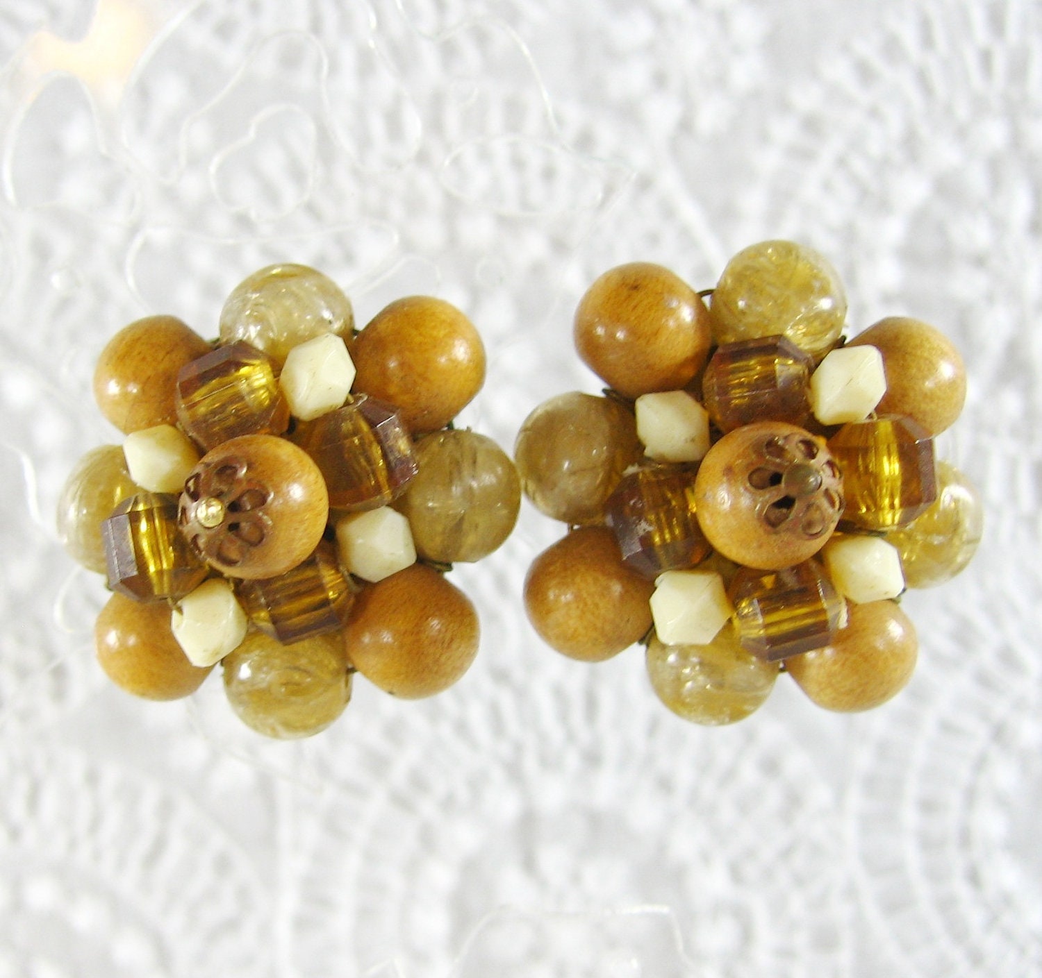 Vintage Cluster Earrings, Wood Beads, Topaz Cream Crystals, Clip-ons, Designer WESTERN GERMANY, 1950s 1960s Mad Men Jewelry