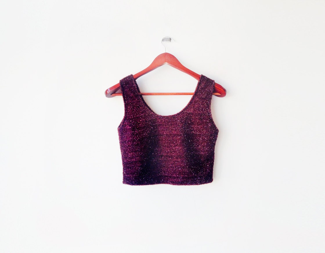 VTG Sexy Disco 1980's Plum Red Sequins cropped Tank TOP (XS) Fashion Street Style - Party Night - Fabulous