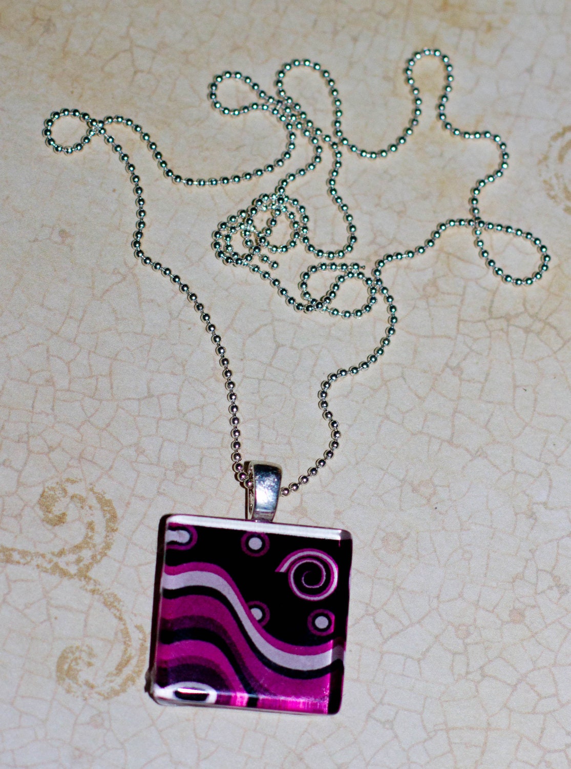 CLEARANCE Bright Bold  Black and Pink Abstract square glass tile pendant necklace silver plated dainty chain