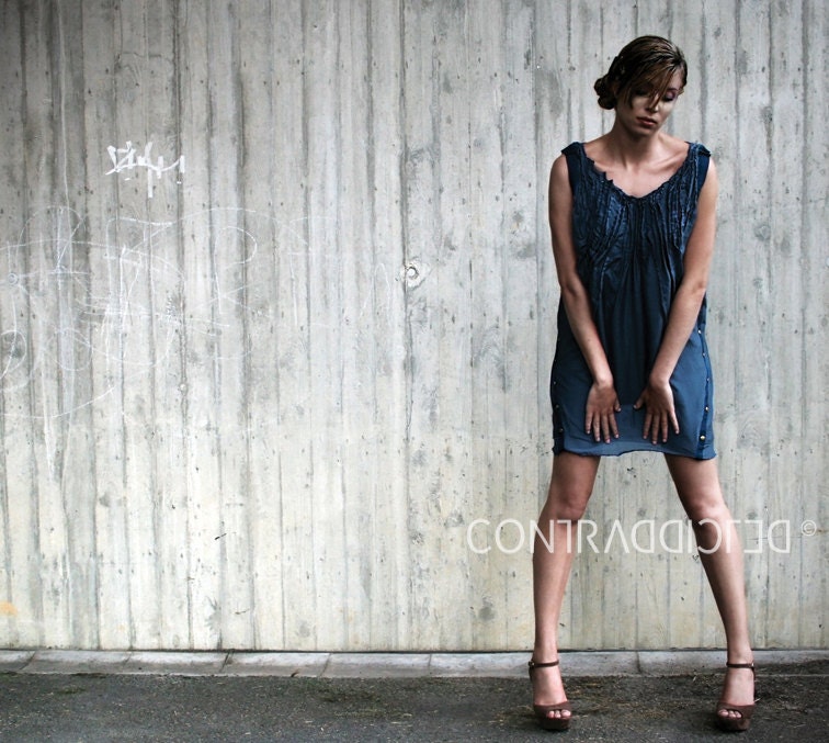 DRESS YURI Jeans Blue Silk-Cotton-Blend Organic Pleats Changeable Length